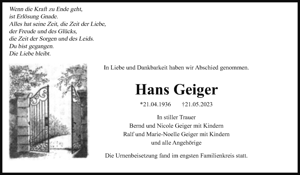  Traueranzeige für Hans Geiger vom 10.06.2023 aus Leonberger Kreiszeitung / Strohgäu Extra