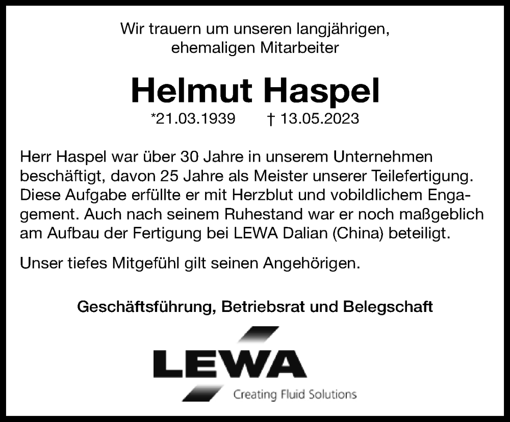  Traueranzeige für Helmut Haspel vom 02.06.2023 aus Leonberger Kreiszeitung / Strohgäu Extra