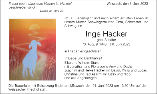 Traueranzeige von Inge Häcker von Leonberger Kreiszeitung / Strohgäu Extra