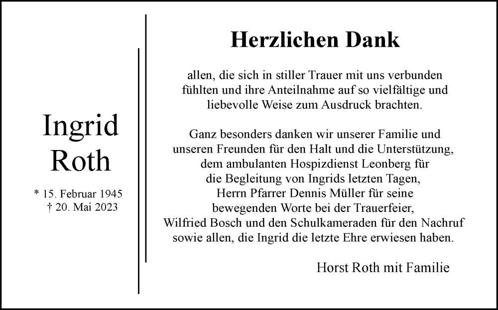  Traueranzeige für Ingrid Roth vom 22.06.2023 aus Leonberger Kreiszeitung / Strohgäu Extra