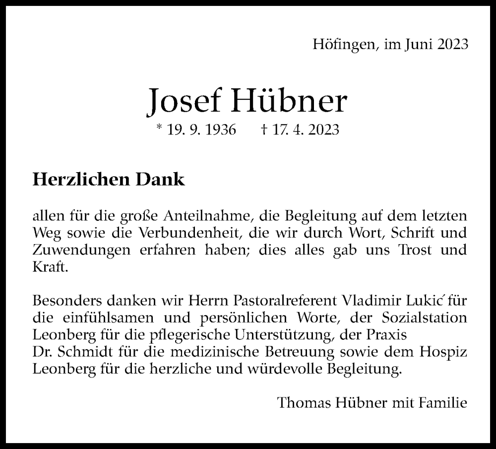  Traueranzeige für Josef Hübner vom 14.06.2023 aus Leonberger Kreiszeitung / Strohgäu Extra