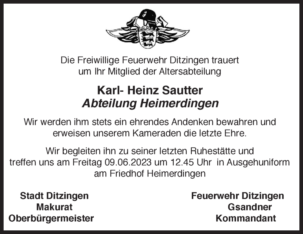  Traueranzeige für Karl-Heinz Sauter vom 09.06.2023 aus Leonberger Kreiszeitung / Strohgäu Extra