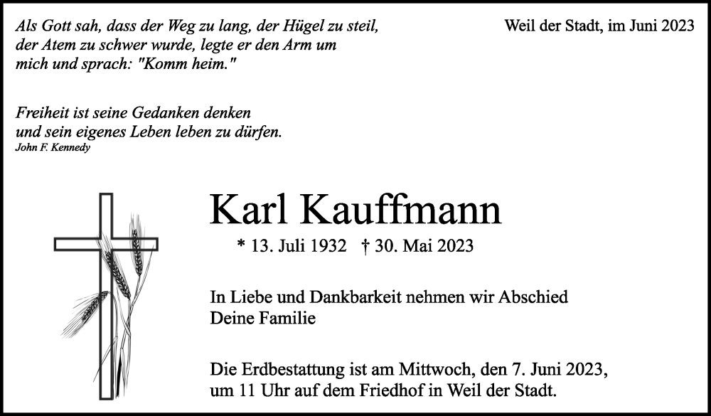  Traueranzeige für Karl Kauffmann vom 03.06.2023 aus Leonberger Kreiszeitung / Strohgäu Extra