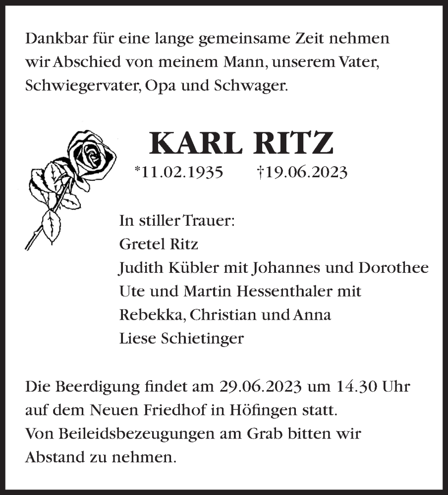  Traueranzeige für Karl Ritz vom 24.06.2023 aus Leonberger Kreiszeitung / Strohgäu Extra