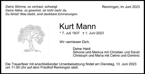 Traueranzeige von Kurt Mann von Leonberger Kreiszeitung / Strohgäu Extra