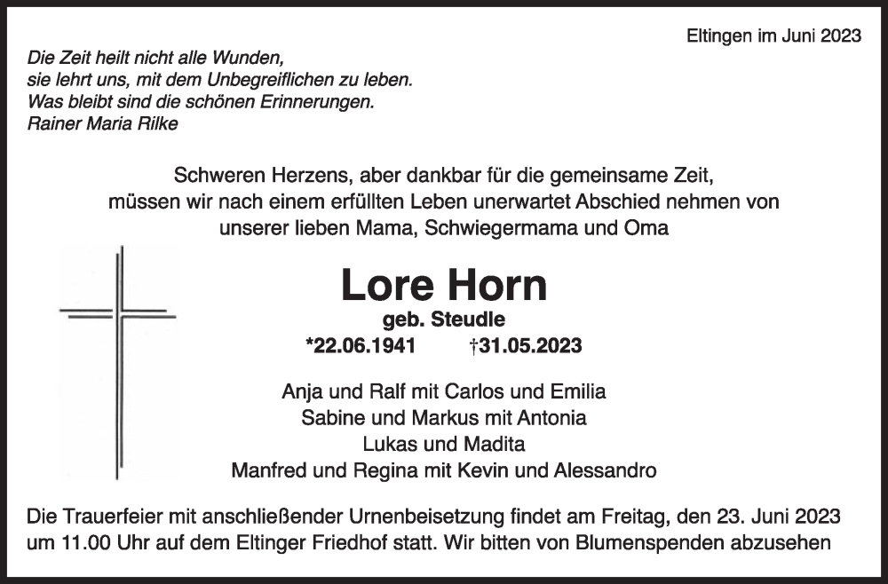  Traueranzeige für Lore Horn vom 17.06.2023 aus Leonberger Kreiszeitung / Strohgäu Extra