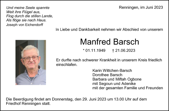 Traueranzeige von Manfred Barsch von Leonberger Kreiszeitung / Strohgäu Extra