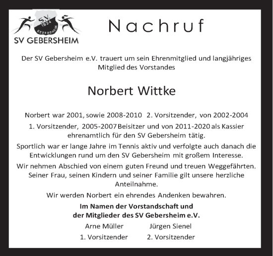Traueranzeige von Norbert Wittke von Leonberger Kreiszeitung / Strohgäu Extra