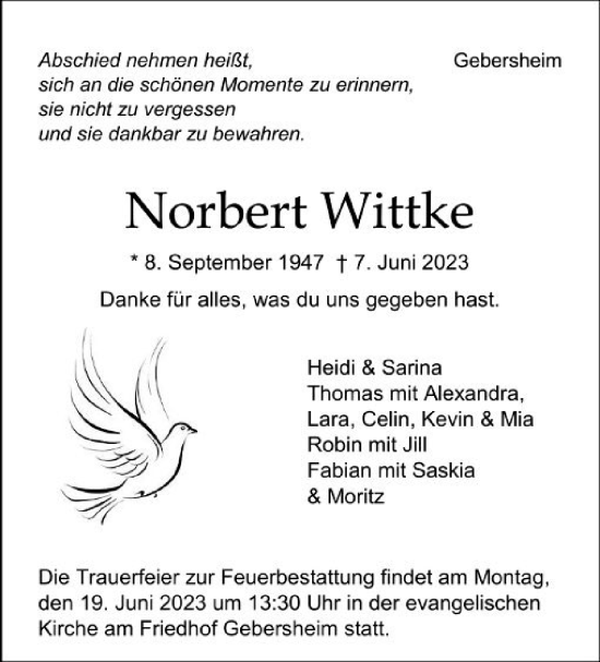 Traueranzeige von Norbert Wittke von Leonberger Kreiszeitung / Strohgäu Extra
