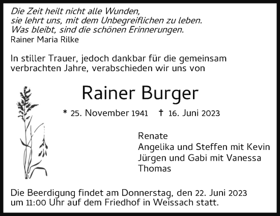 Traueranzeige von Rainer Burger von Leonberger Kreiszeitung / Strohgäu Extra