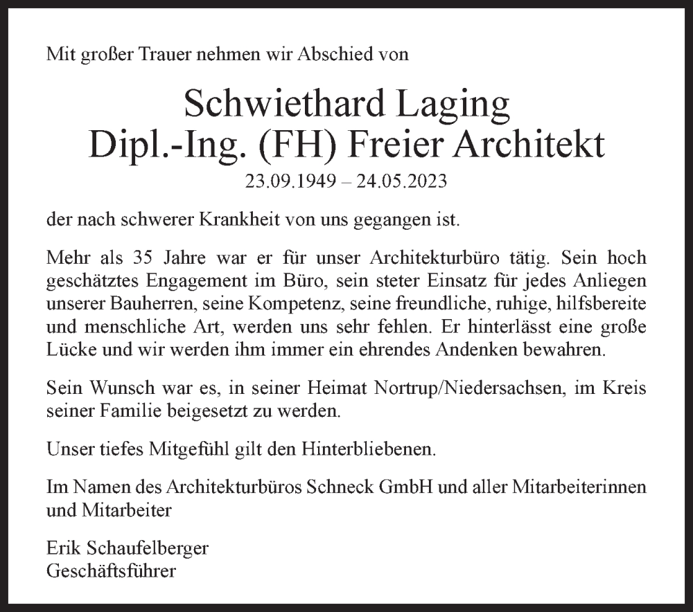  Traueranzeige für Schwiethard Laging vom 15.06.2023 aus Leonberger Kreiszeitung / Strohgäu Extra