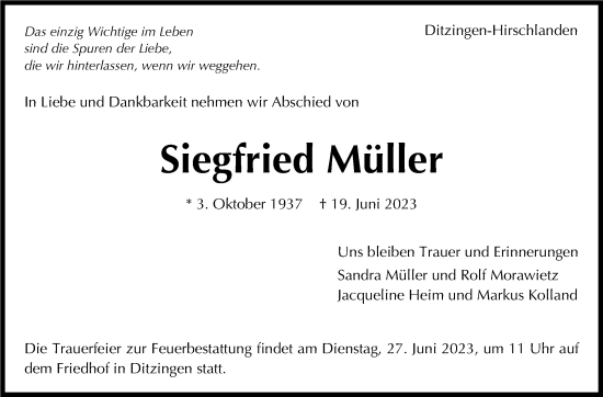 Traueranzeige von Siegfried Müller von Leonberger Kreiszeitung / Strohgäu Extra