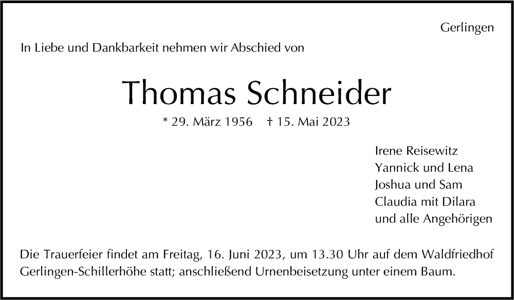  Traueranzeige für Thomas Schneider vom 07.06.2023 aus Leonberger Kreiszeitung / Strohgäu Extra