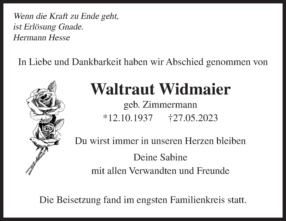  Traueranzeige für Waltraut Widmaier vom 07.06.2023 aus Leonberger Kreiszeitung / Strohgäu Extra