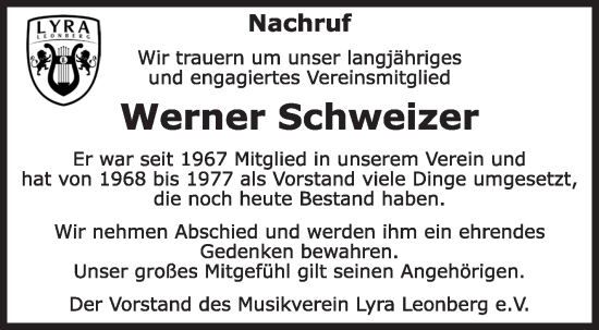 Traueranzeige von Werner Schweizer von Leonberger Kreiszeitung / Strohgäu Extra