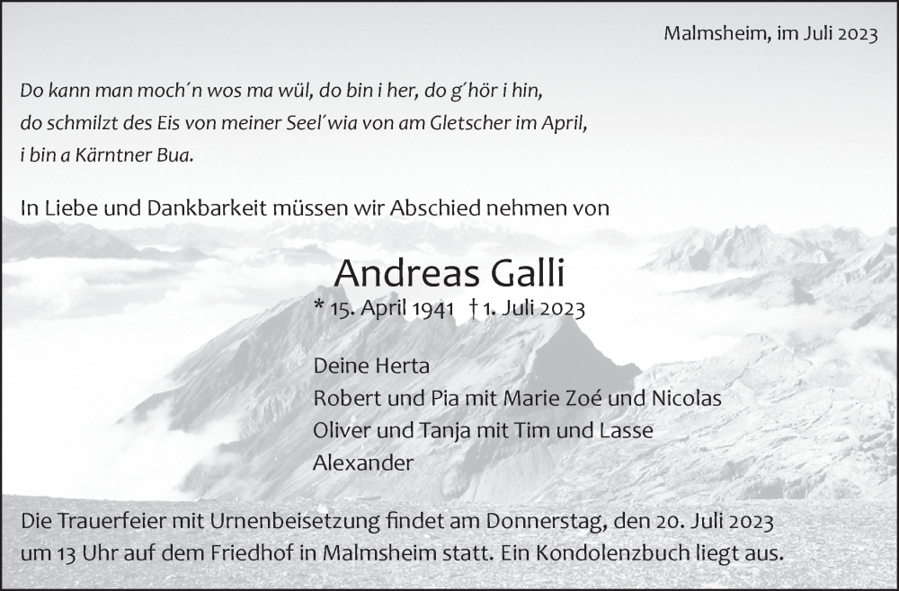  Traueranzeige für Andreas Galli vom 17.07.2023 aus Leonberger Kreiszeitung / Strohgäu Extra