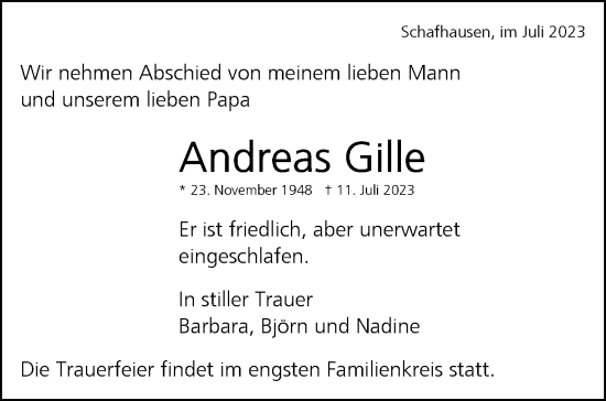 Traueranzeige von Andreas Gille von Leonberger Kreiszeitung / Strohgäu Extra