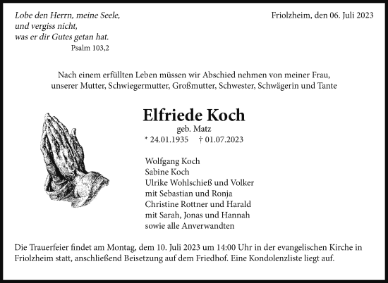 Traueranzeige von Elfriede Koch von Leonberger Kreiszeitung / Strohgäu Extra