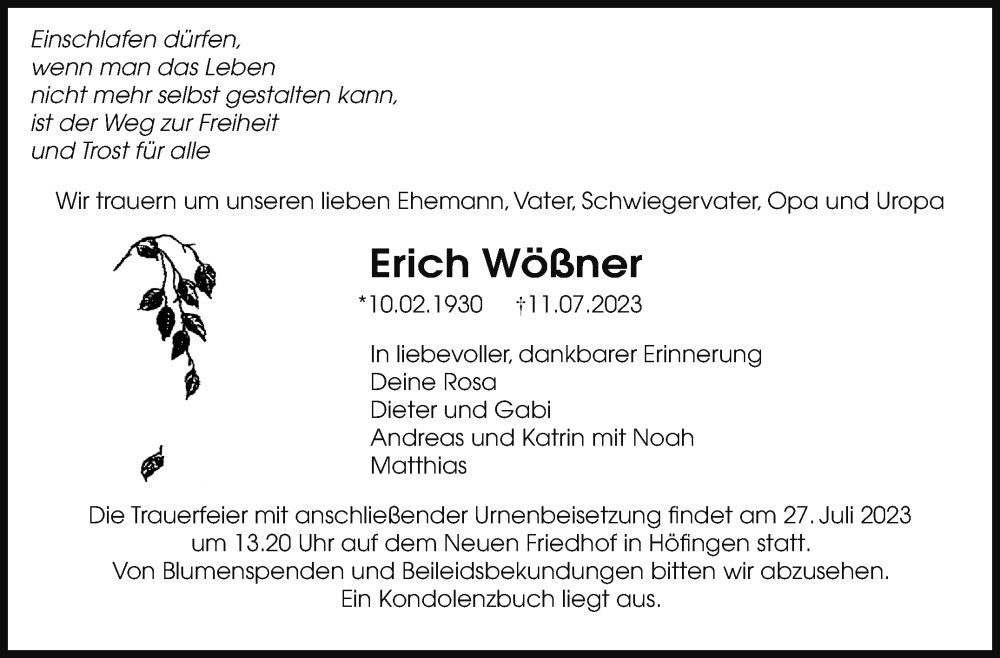  Traueranzeige für Erich Wößner vom 22.07.2023 aus Leonberger Kreiszeitung / Strohgäu Extra