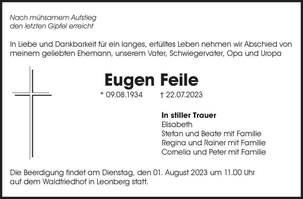  Traueranzeige für Eugen Feile vom 28.07.2023 aus Leonberger Kreiszeitung / Strohgäu Extra