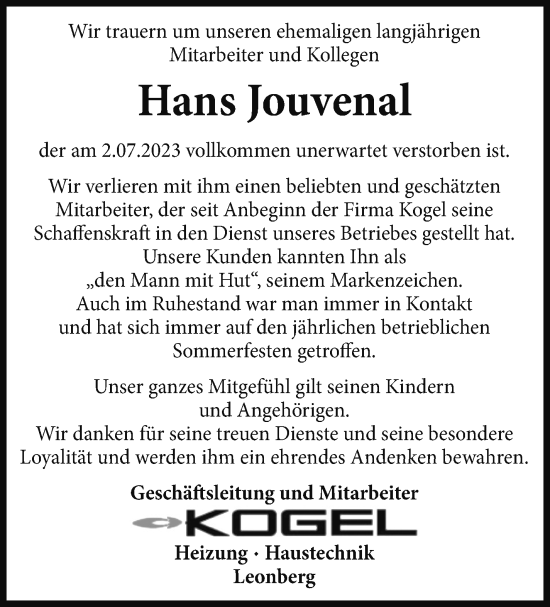 Traueranzeige von Hans Jouvenal von Leonberger Kreiszeitung / Strohgäu Extra