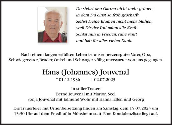 Traueranzeige von Hans Jouvenal von Leonberger Kreiszeitung / Strohgäu Extra