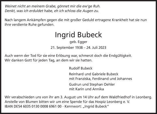 Traueranzeige von Ingrid Bubeck von Leonberger Kreiszeitung / Strohgäu Extra