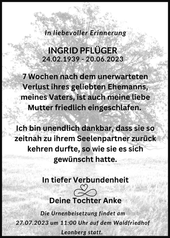 Traueranzeige von Ingrid Pflüger von Leonberger Kreiszeitung / Strohgäu Extra
