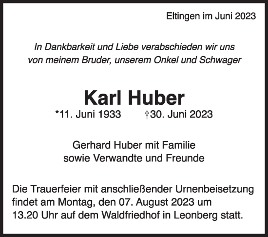Traueranzeige von Karl Huber von Leonberger Kreiszeitung / Strohgäu Extra