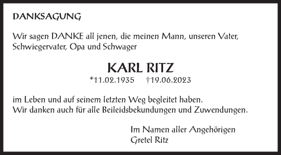 Traueranzeige von Karl Ritz von Leonberger Kreiszeitung / Strohgäu Extra