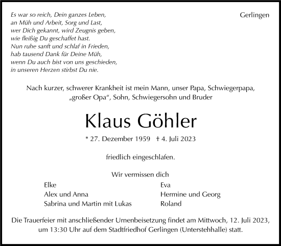 Traueranzeige von Klaus Göhler von Leonberger Kreiszeitung / Strohgäu Extra