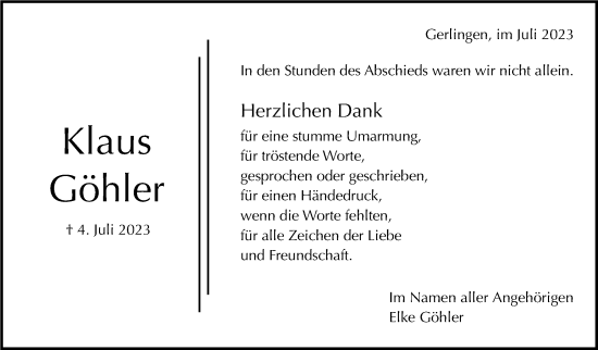 Traueranzeige von Klaus Göhler von Leonberger Kreiszeitung / Strohgäu Extra