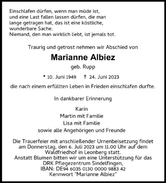 Traueranzeige von Marianne Albiez von Leonberger Kreiszeitung / Strohgäu Extra
