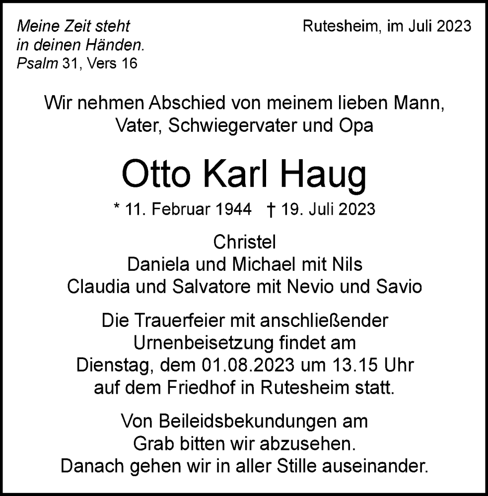  Traueranzeige für Otto Haug vom 26.07.2023 aus Leonberger Kreiszeitung / Strohgäu Extra