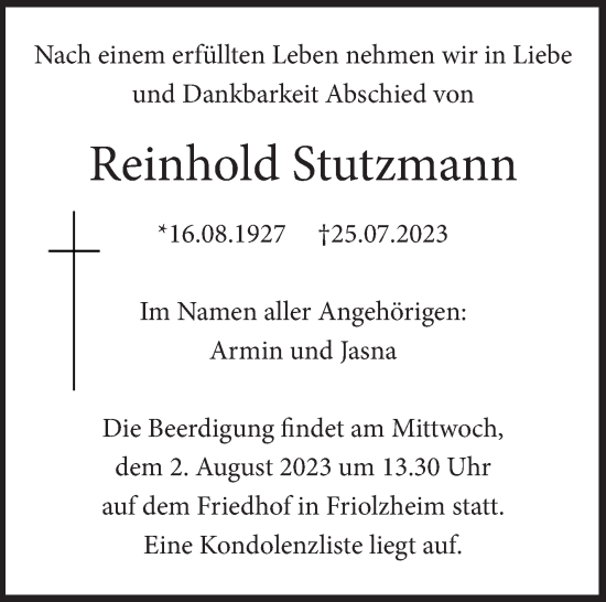 Traueranzeige von Reinhold Stutzmann von Leonberger Kreiszeitung / Strohgäu Extra