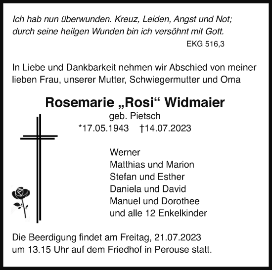 Traueranzeige von Rosemarie  Widmaier von Leonberger Kreiszeitung / Strohgäu Extra