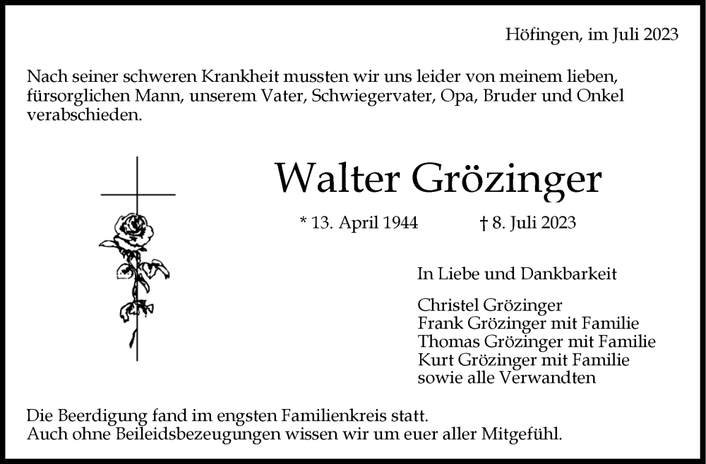  Traueranzeige für Walter Grötzinger vom 29.07.2023 aus Leonberger Kreiszeitung / Strohgäu Extra