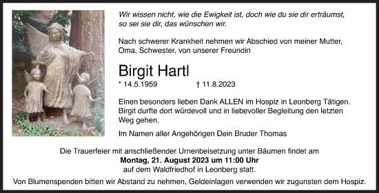 Traueranzeige von Birgit Hartl von Leonberger Kreiszeitung / Strohgäu Extra