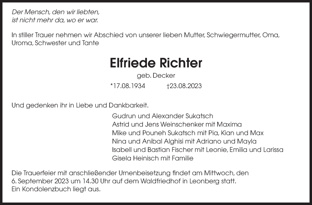 Traueranzeige für Elfriede Richter vom 29.08.2023 aus Leonberger Kreiszeitung / Strohgäu Extra
