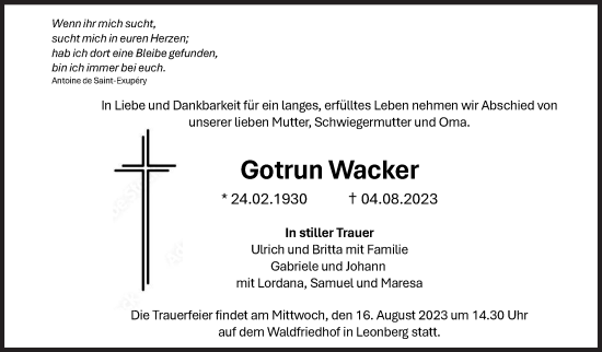 Traueranzeige von Gotrun Wacker von Leonberger Kreiszeitung / Strohgäu Extra