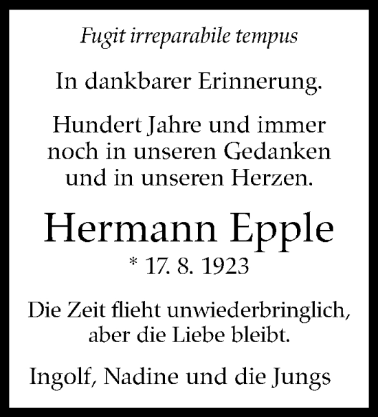 Traueranzeige von Hermann Epple von Leonberger Kreiszeitung / Strohgäu Extra