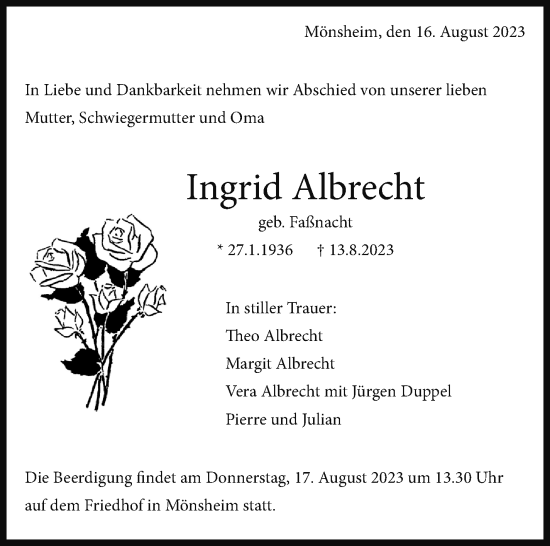 Traueranzeige von Ingrid Albrecht von Leonberger Kreiszeitung / Strohgäu Extra