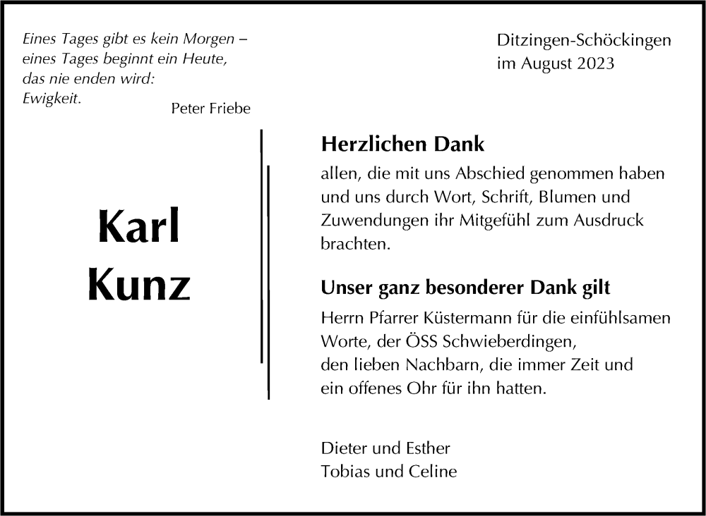  Traueranzeige für Karl Kunz vom 31.08.2023 aus Leonberger Kreiszeitung / Strohgäu Extra