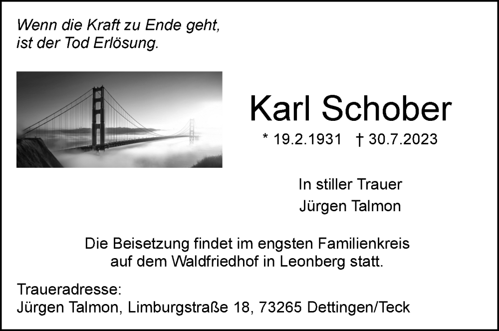  Traueranzeige für Karl Schober vom 04.08.2023 aus Leonberger Kreiszeitung / Strohgäu Extra