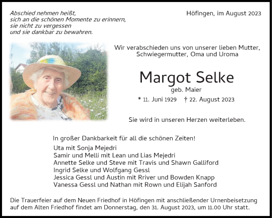 Traueranzeige von Margot Selke von Leonberger Kreiszeitung / Strohgäu Extra