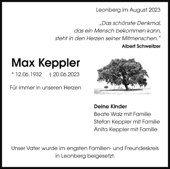 Traueranzeige von Max Keppler von Leonberger Kreiszeitung / Strohgäu Extra