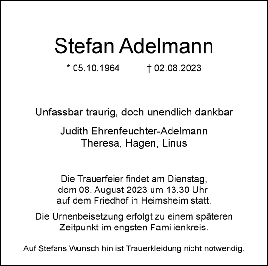 Traueranzeige von Stefan Adelmann von Leonberger Kreiszeitung / Strohgäu Extra