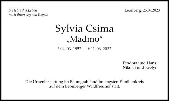 Traueranzeige von Sylvia Csima von Leonberger Kreiszeitung / Strohgäu Extra