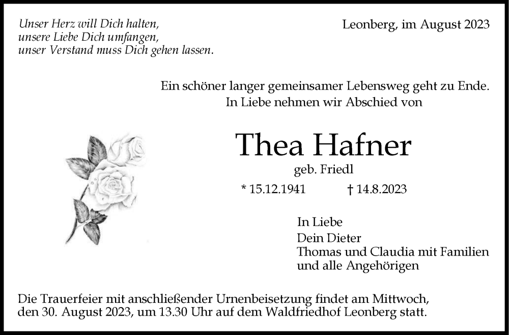  Traueranzeige für Thea Hafner, vom 26.08.2023 aus Leonberger Kreiszeitung / Strohgäu Extra