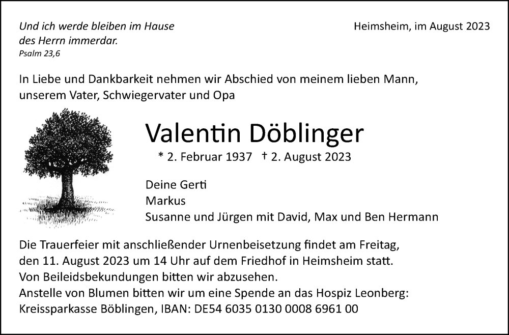 Traueranzeige für Valentin Döblinger vom 08.08.2023 aus Leonberger Kreiszeitung / Strohgäu Extra